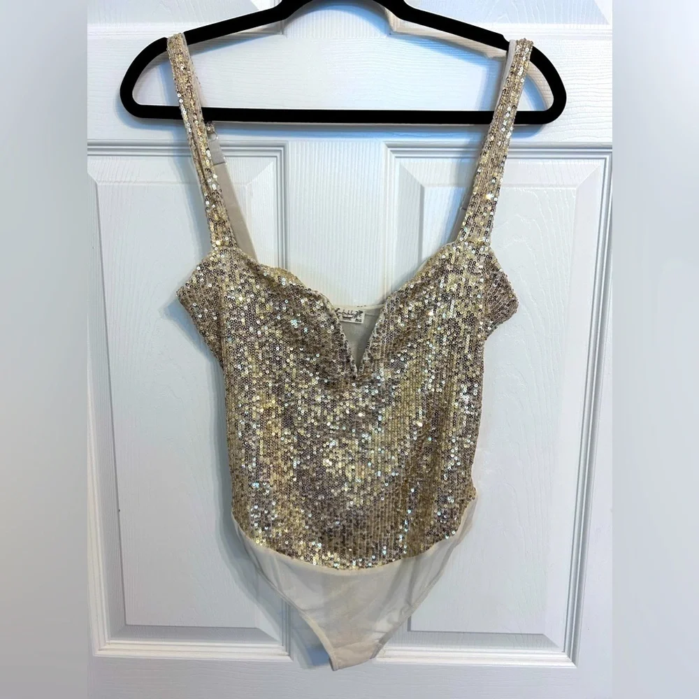 NWOT Free People, Sparks Fly Corset Bodysuit, Small in Gold
